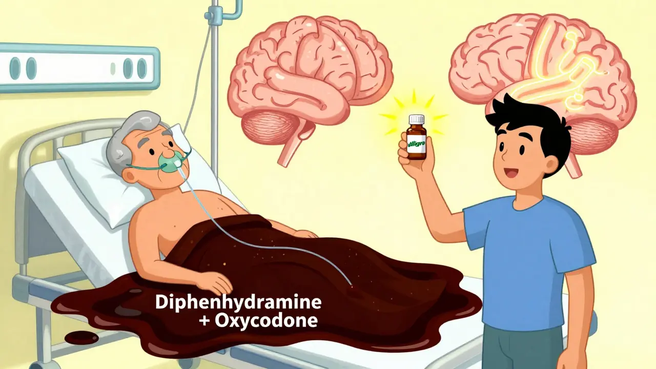 ICU patient sinking into sedative puddle while another safely uses non-sedating allergy med.