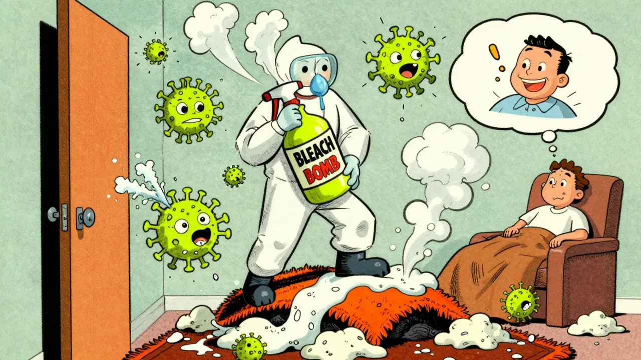 Janitor in hazmat suit spraying bleach at exploding virus particles on dirty surfaces.
