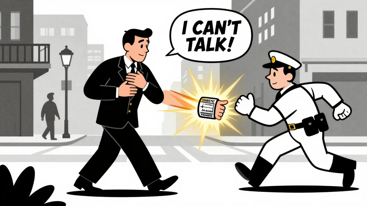 Man collapsing in city, bracelet on wrist reads diabetes and blood thinner info, paramedic rushing to help.