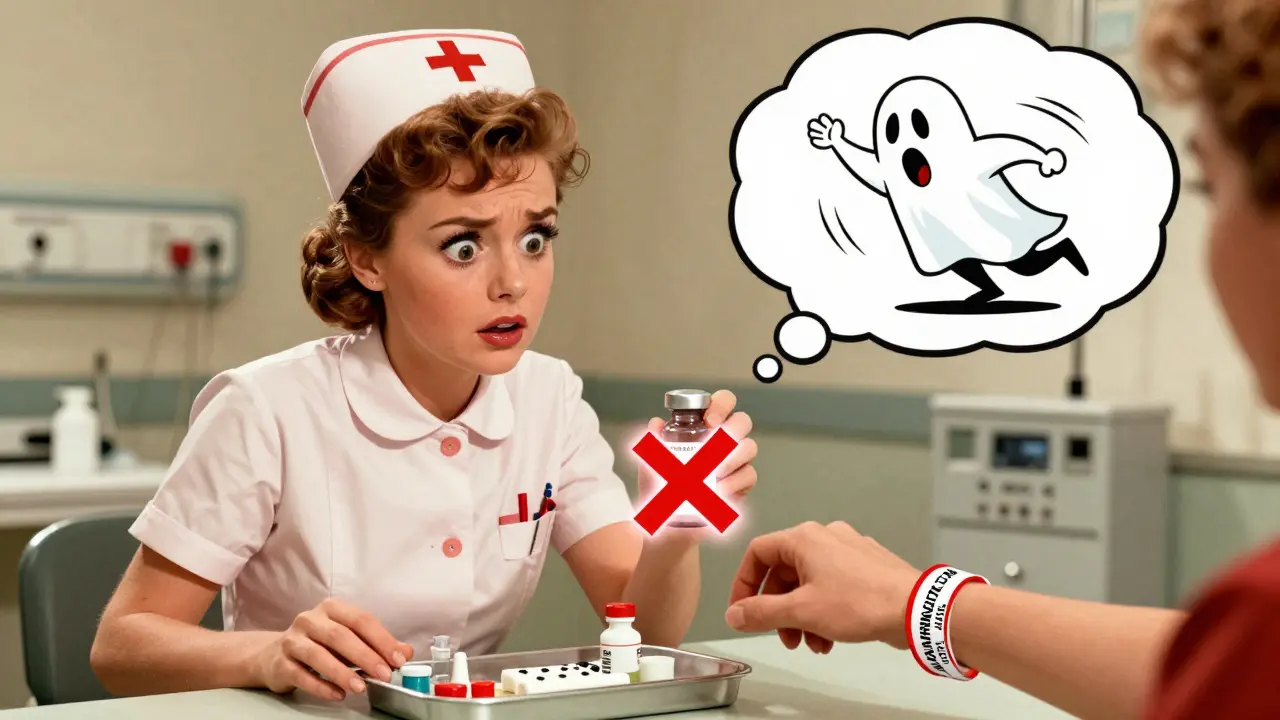 Nurse stopping mid-reach as she sees 'ANAPHYLACTIC TO PENICILLIN' on a bracelet, red X over medicine.