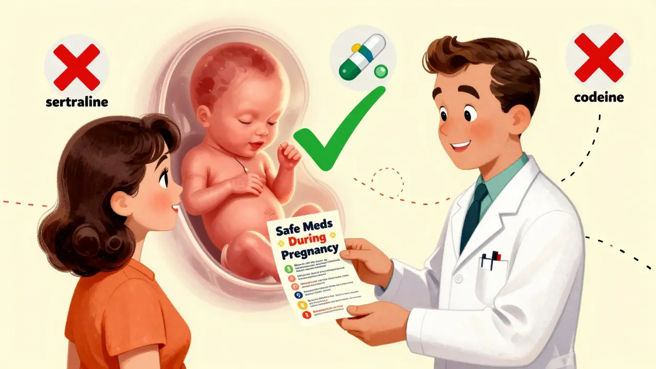 OB/GYN gives safe meds handout to pregnant patient with fetal silhouette glowing safely