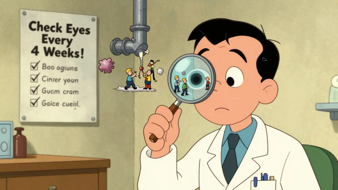 Patient examines eye with magnifying glass, revealing hidden cataracts and glaucoma inside.