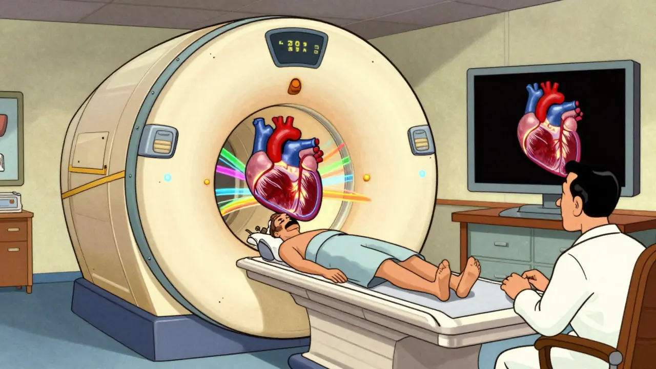Patient in a retro MRI machine with swirling magnetic fields revealing detailed heart tissue layers.