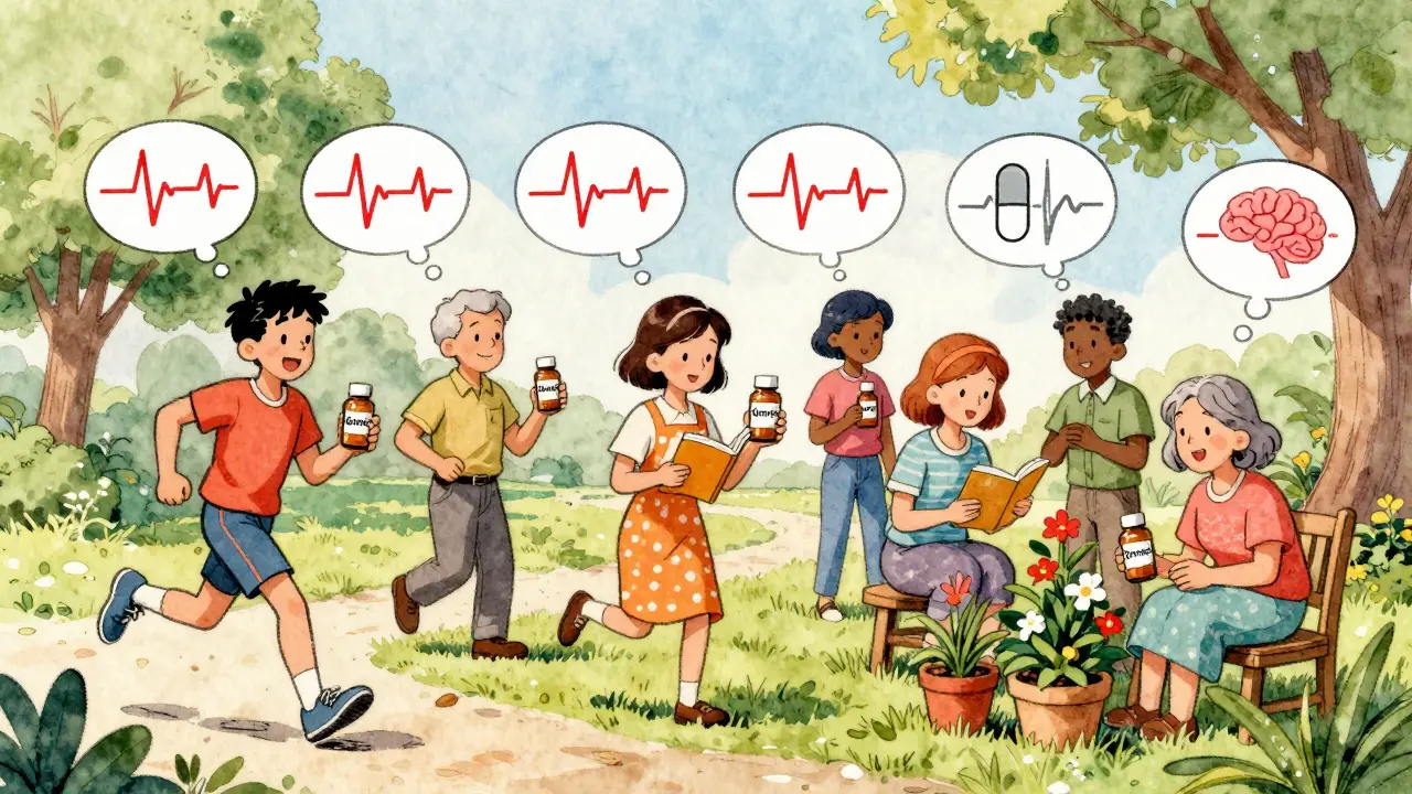 Patients enjoying life with generic pills, thought bubbles show identical health metrics to brand-name.