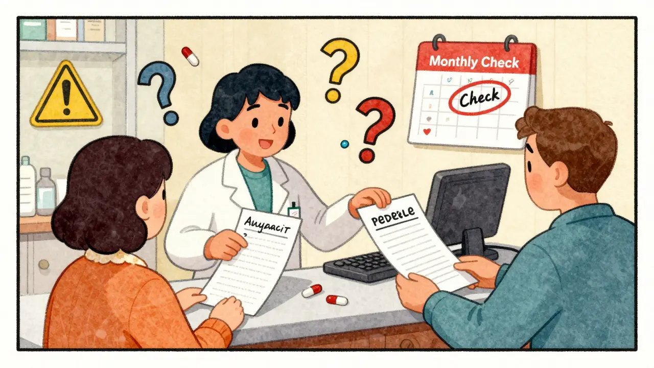 Pharmacist and patient comparing medication lists with floating warning signs in vintage cartoon style.