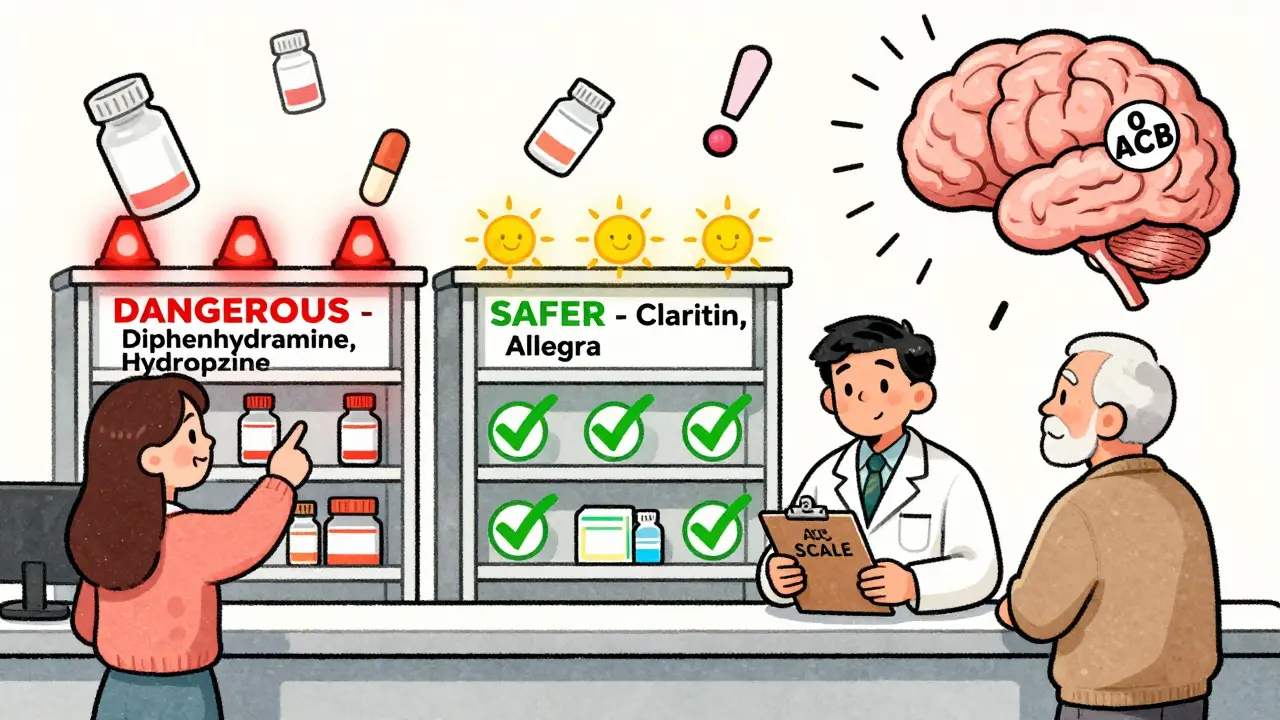 Pharmacist shows safer vs. dangerous antihistamines on shelves with color-coded warnings and smiling patients.
