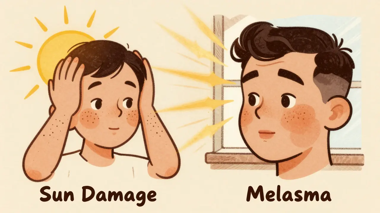 Side-by-side cartoon faces showing sun damage spots versus melasma patches, with sun and heat triggers illustrated in retro style.
