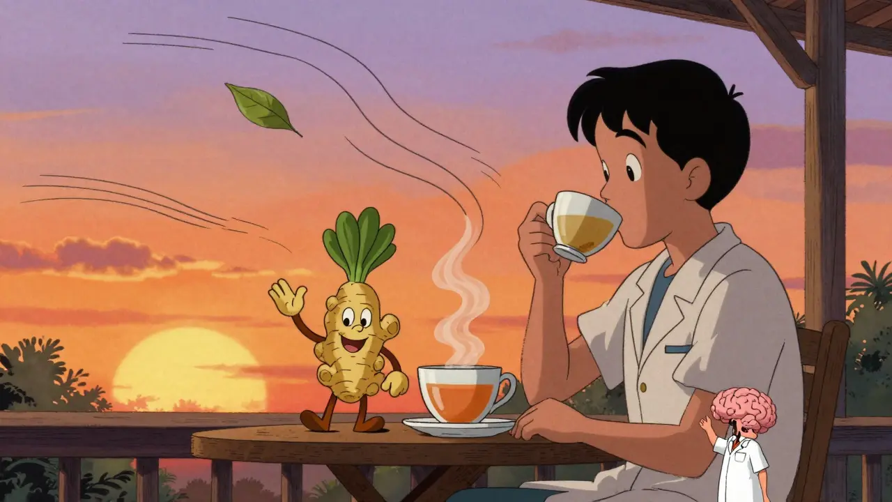 Someone enjoying ginger tea on a porch with fresh air and a smiling ginger root in the cup.