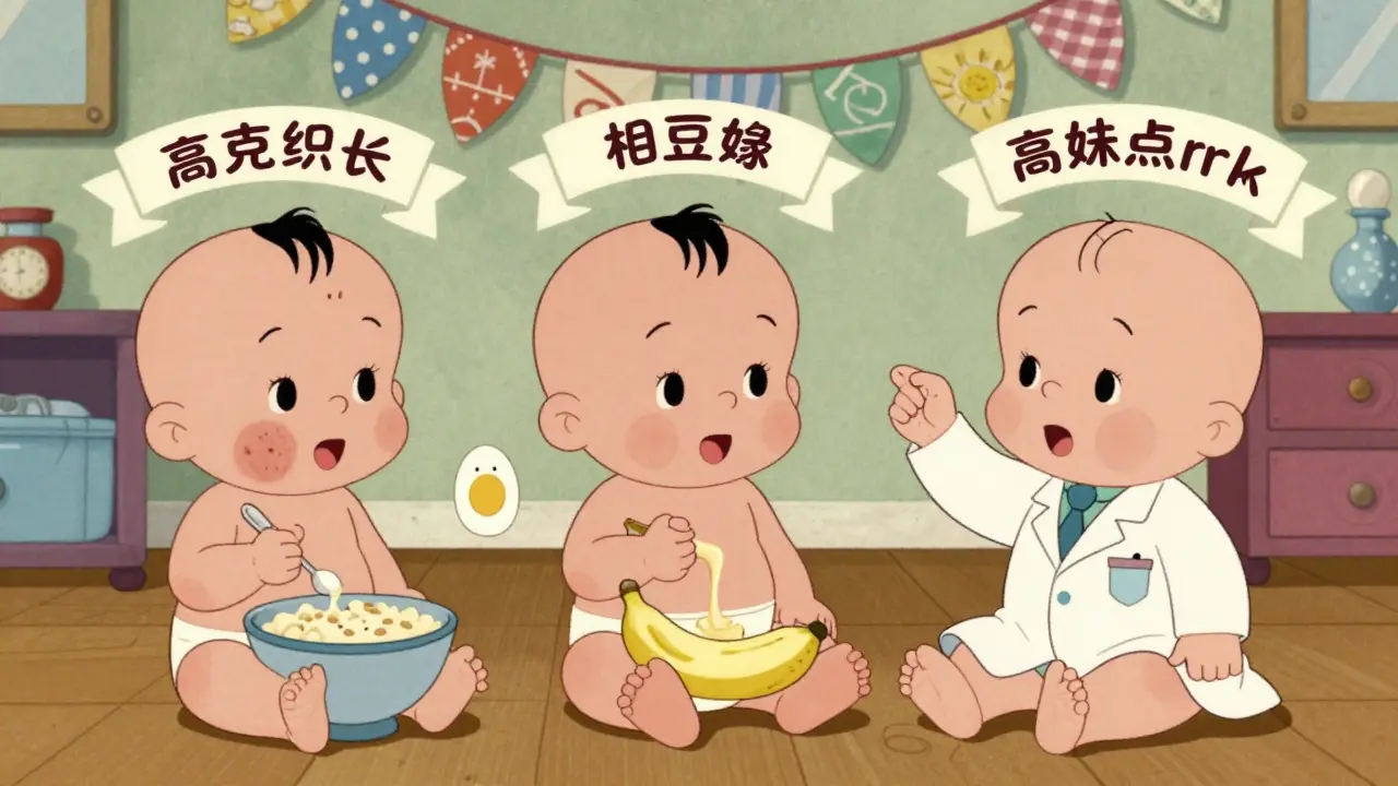 Three babies with different risk levels being introduced to peanut in various safe ways in a nursery.