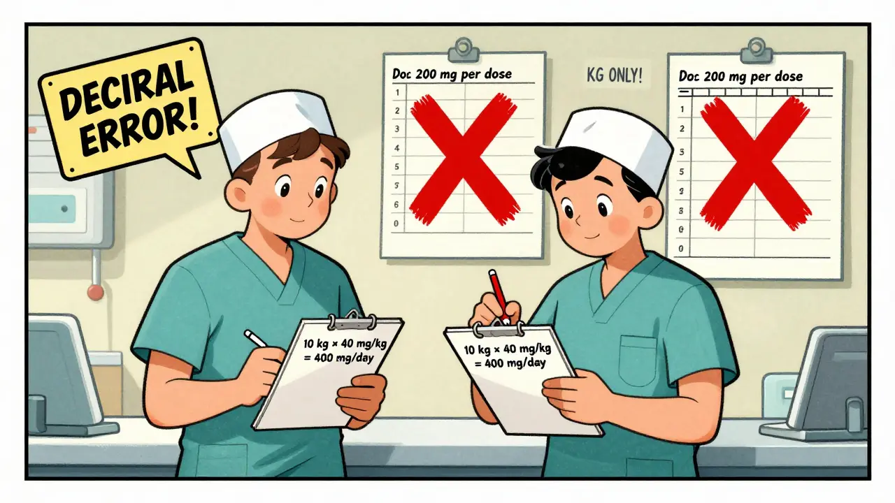 Two healthcare workers independently calculating a child's medication dose with a wrong dose marked in red.