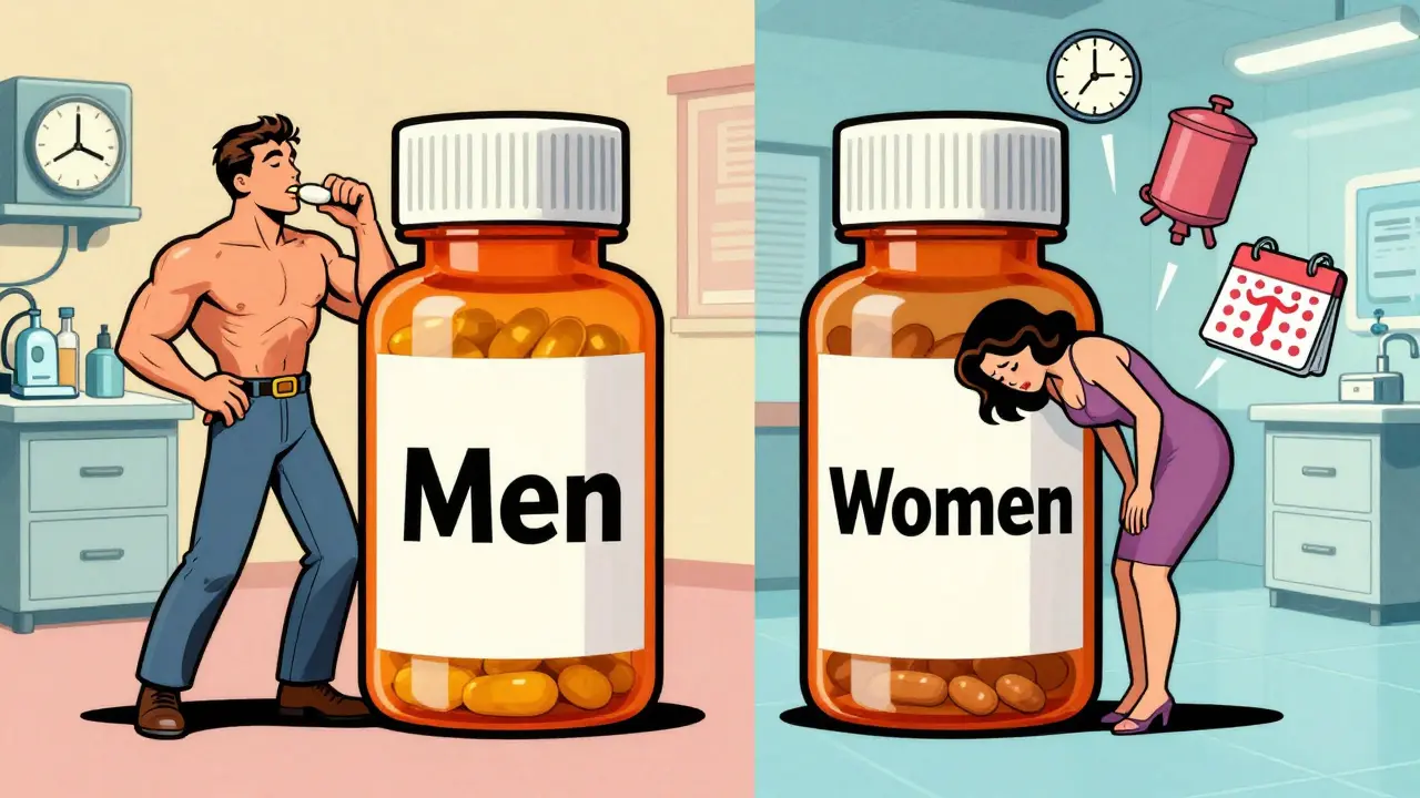 Two pill bottles side by side: one for men, one for women, with biological symbols showing why women react differently to medication.