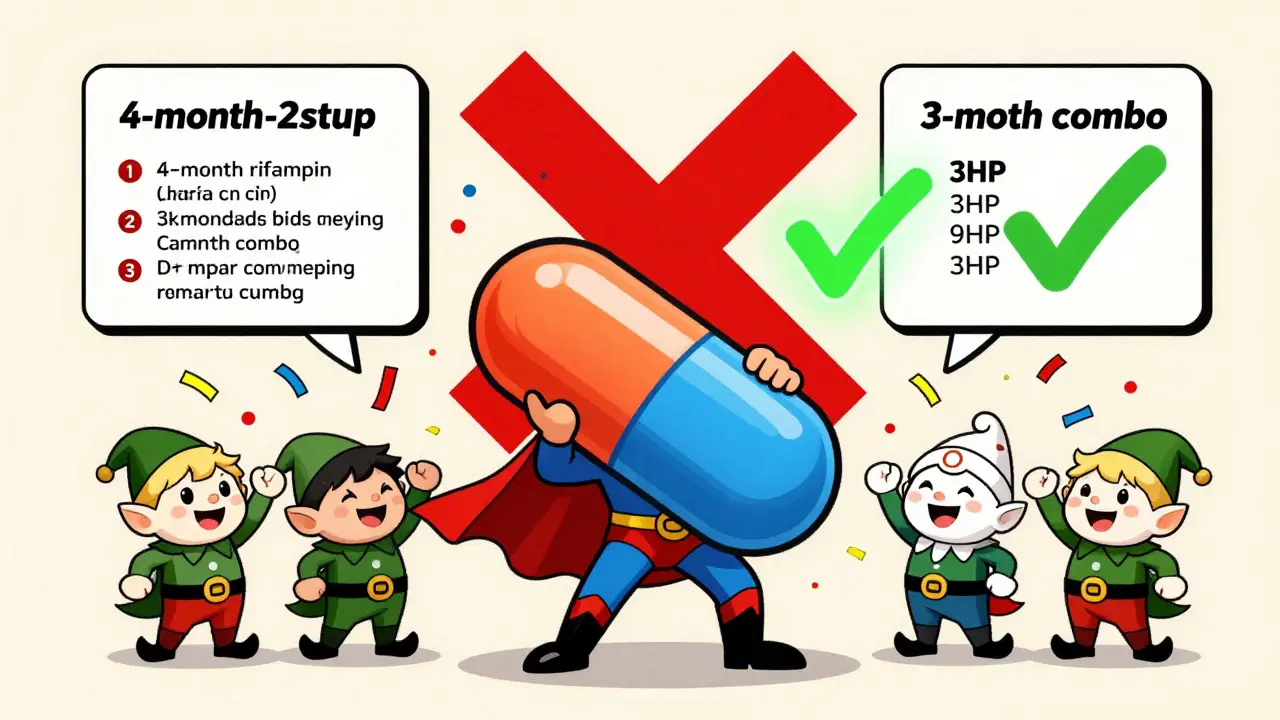 Vintage cartoon of a person taking TB pills with medicine elves celebrating, contrasting with a warning against skipping doses.