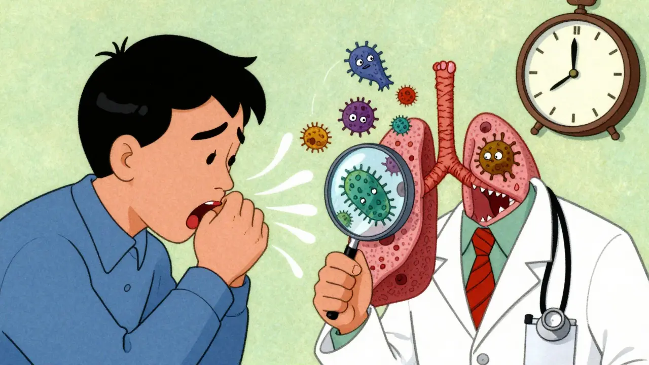 Vintage cartoon showing TB bacteria waking up and spreading through lungs as a person coughs, with a ticking clock nearby.
