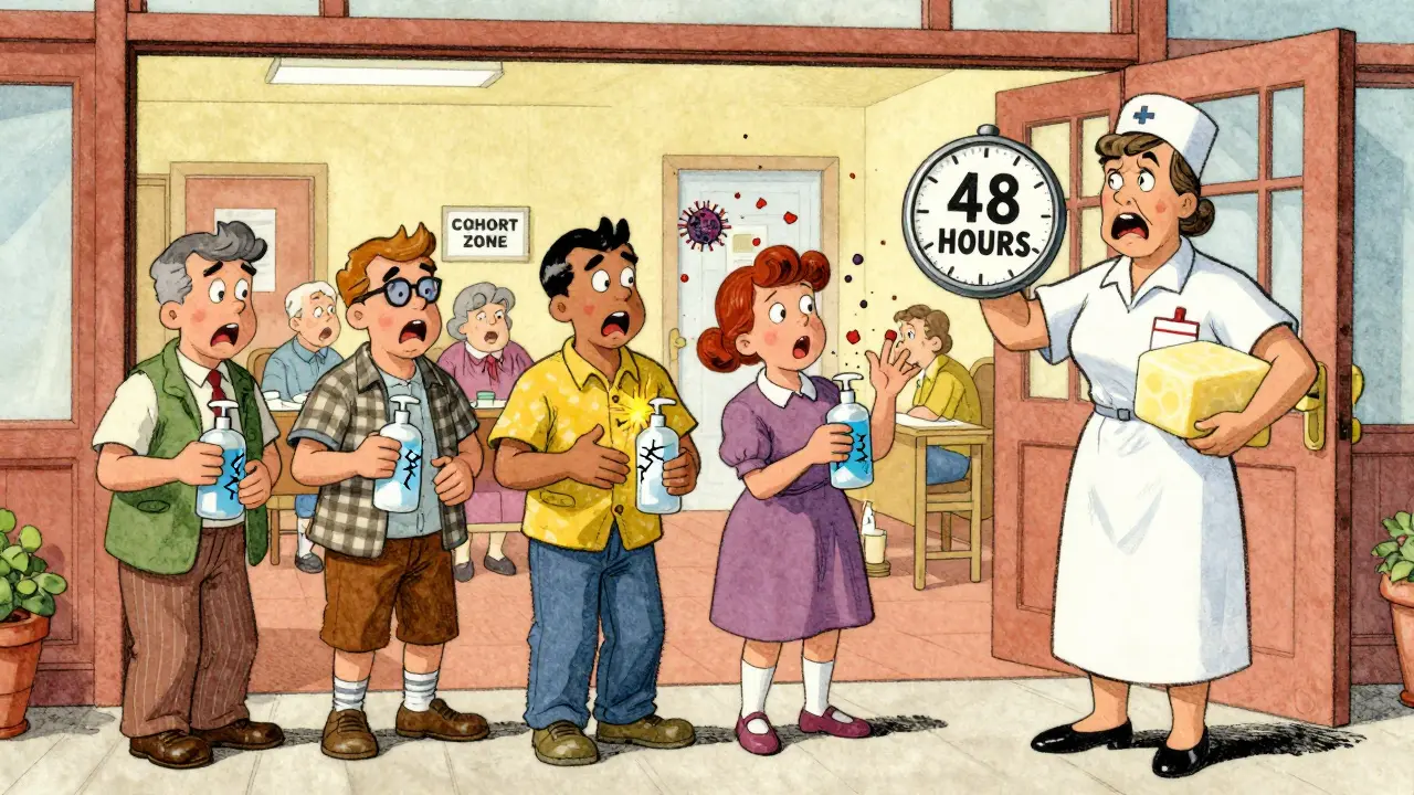 Visitors with useless hand sanitizer while nurse holds up soap and clock, virus particles flying between hands.