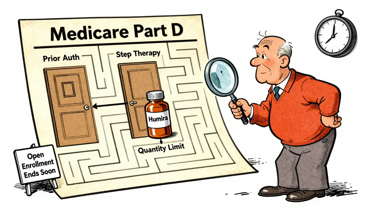 A patient navigates a maze of insurance barriers labeled 'Prior Auth' and 'Step Therapy' to reach their prescribed medication.