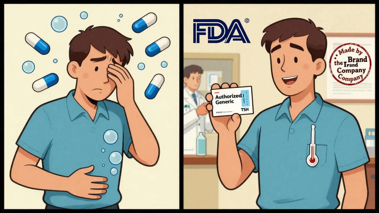 A patient on one side with chaotic pills causing side effects, on the other side calm with a stable thyroid meter.