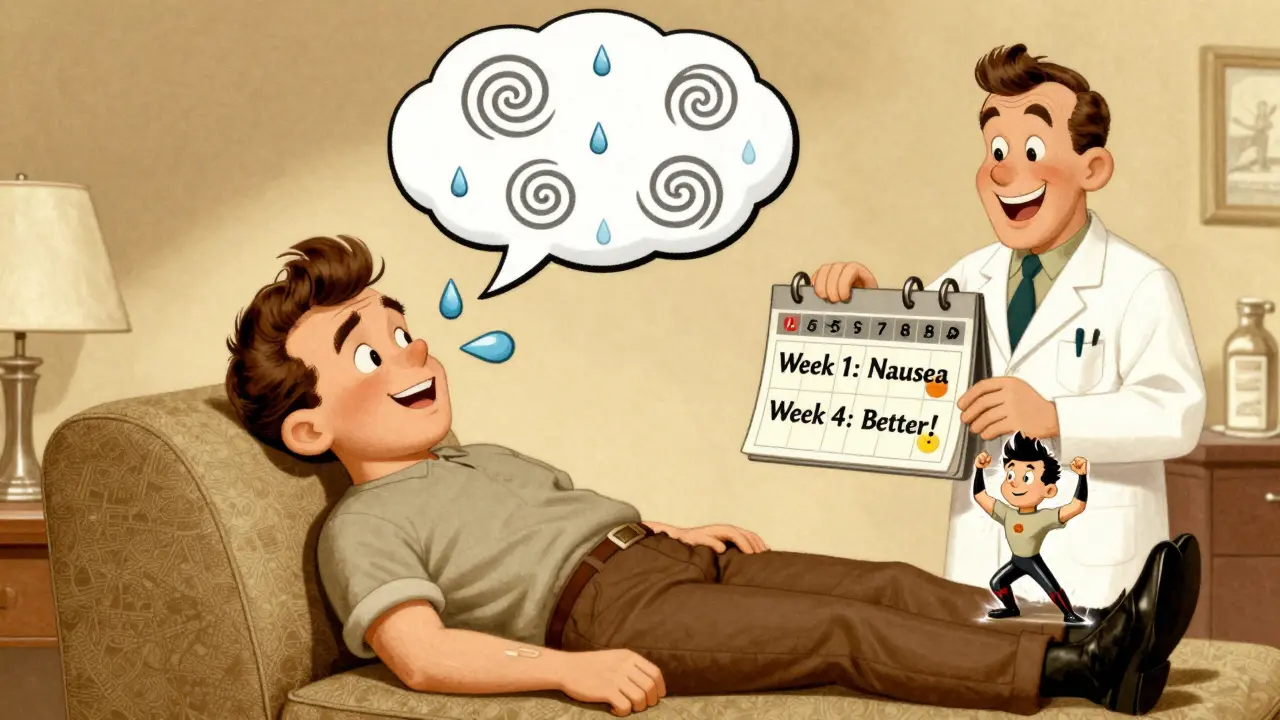 A patient surrounded by cartoon side effects like nausea clouds and sweatdrops, with a pharmacist showing improvement over weeks.