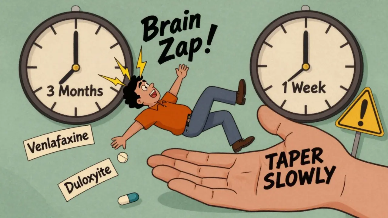 A person falling with brain zaps, caught by a giant 'TAPER SLOWLY' hand, surrounded by SNRI pill labels.