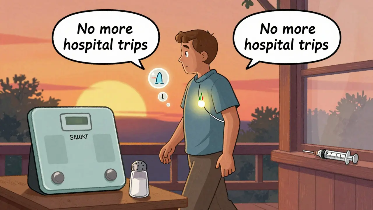 A person walking at sunset with a glowing heart sensor and health symbols around them, in vintage cartoon art.