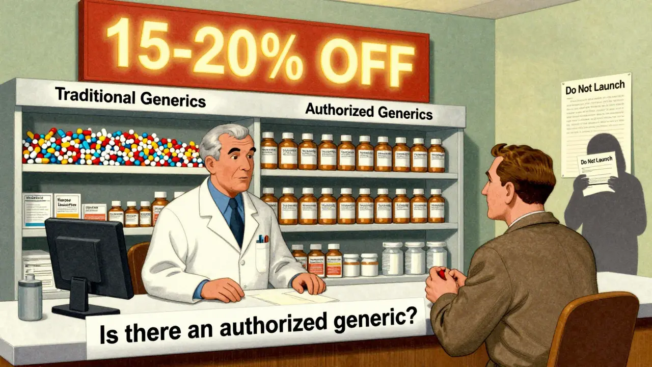 A pharmacist at a counter helping a patient find authorized generics, with shelves labeled traditional vs. authorized.
