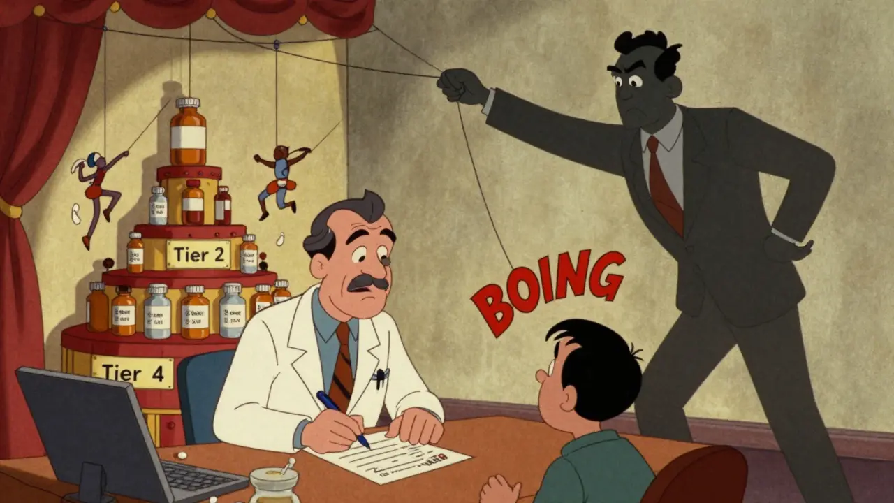 A shadowy PBM executive controls drug tiers like puppet strings, while a doctor writes a prescription unaware of the manipulation.