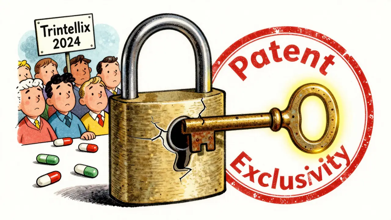 A two-key lock with patent and exclusivity keys turning inside an FDA stamp, generic pills waiting behind, in 1950s advertising cartoon style.