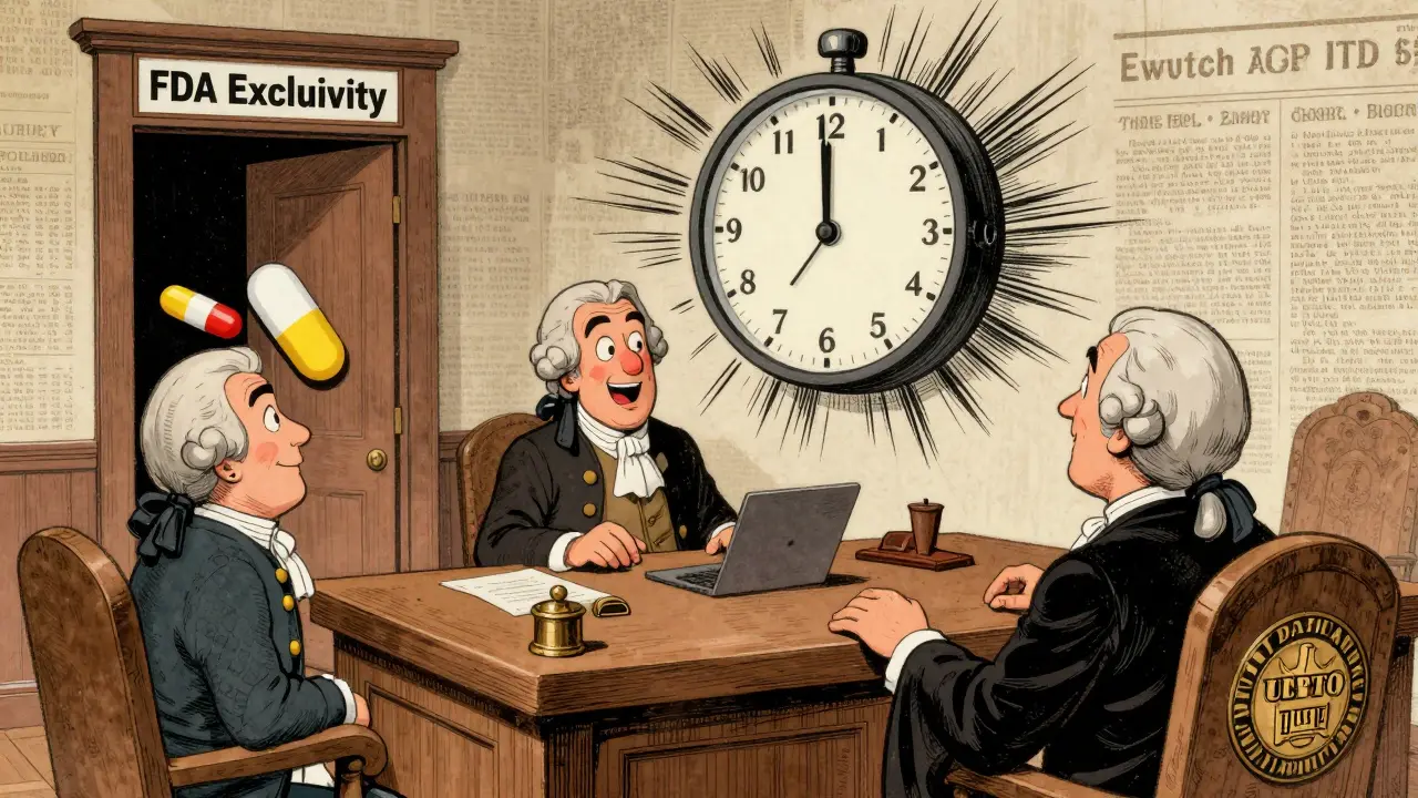 A vintage-style courtroom scene with a patent lawyer and FDA exclusivity gatekeeper, comic-style motion lines and faded ink textures.