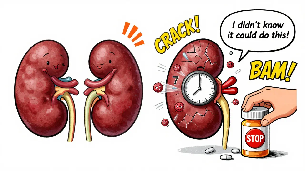 Before-and-after cartoon of a kidney: healthy on left, damaged on right, with a hand stopping a pill bottle as time runs out.