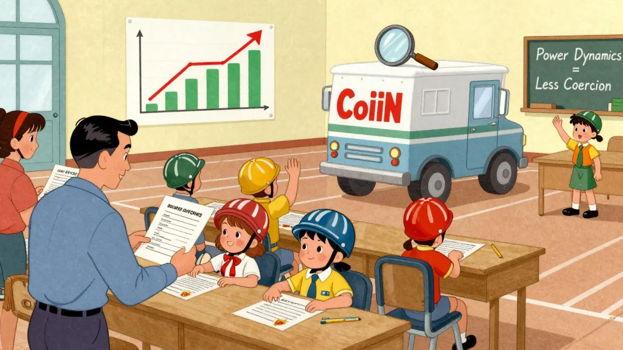 Cartoon team in a school using paper forms to track safety program effects, with graphs changing from red to green as policies improve.
