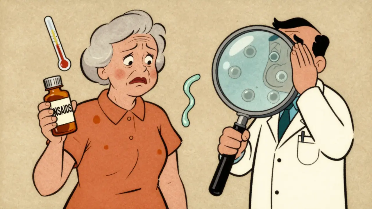 Elderly woman with floating symptoms of fever, rash, and low urine output, surrounded by medical clues in cartoon style.