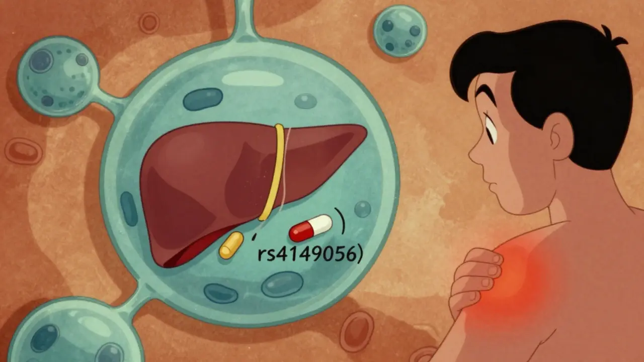 Liver cell with blocked transporter causing statin-related muscle pain