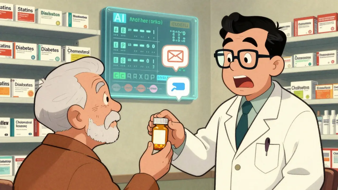 Pharmacist hands medicine to senior while AI dashboard displays refill patterns in background.