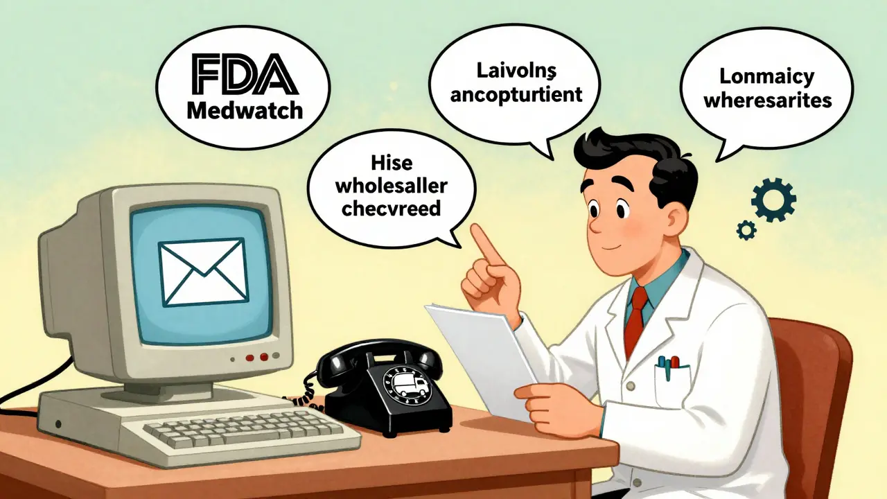 Pharmacy desk with three notification channels: computer, phone, and management system.