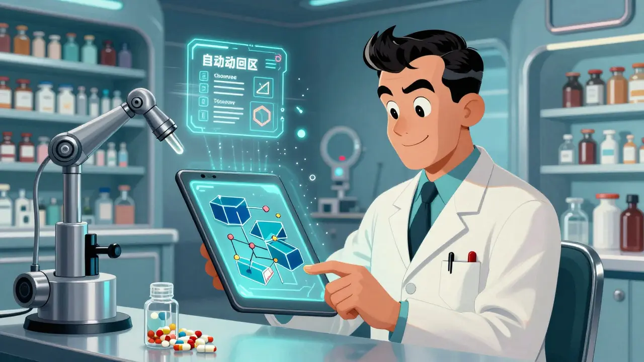 Retro-futuristic pharmacy with blockchain and AI technology for recall verification.