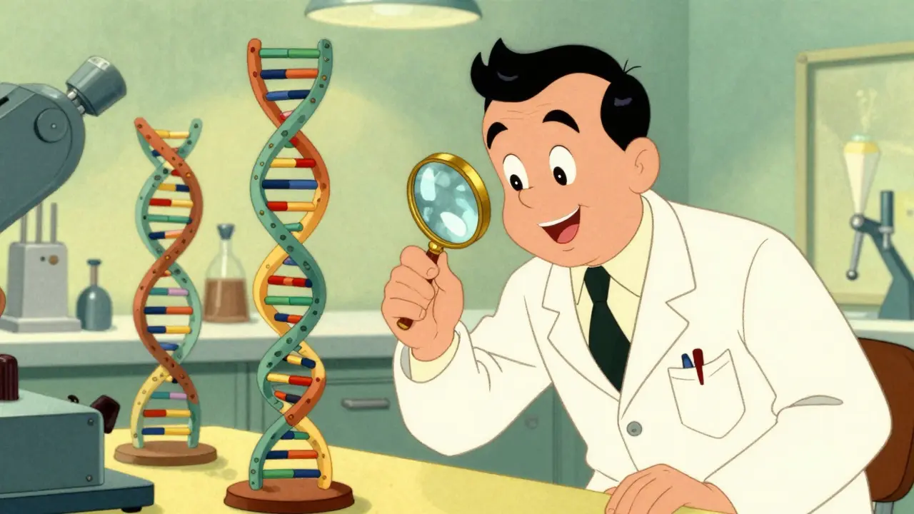 Scientist analyzing DNA strands with magnifying glass in lab