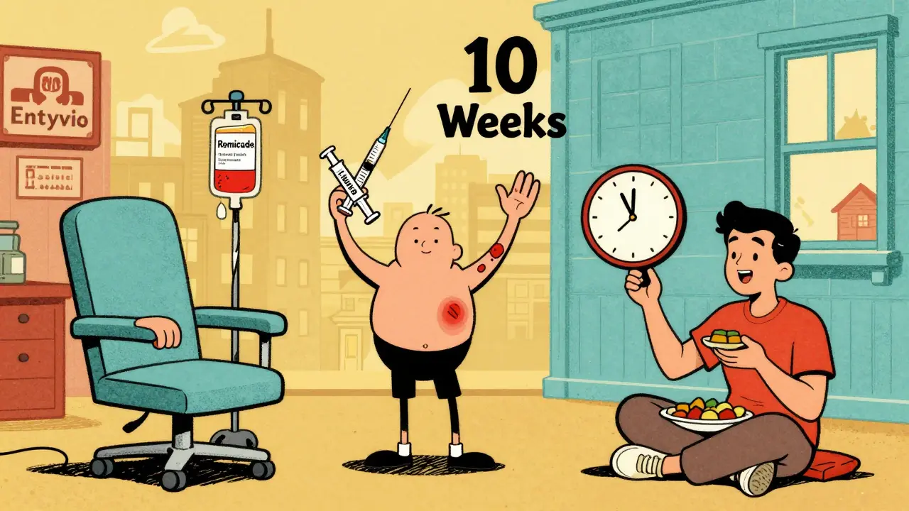 Vintage cartoon of a patient juggling three IBD treatment lifestyles: clinic IV, painful injections, and a slow but peaceful vedolizumab path.