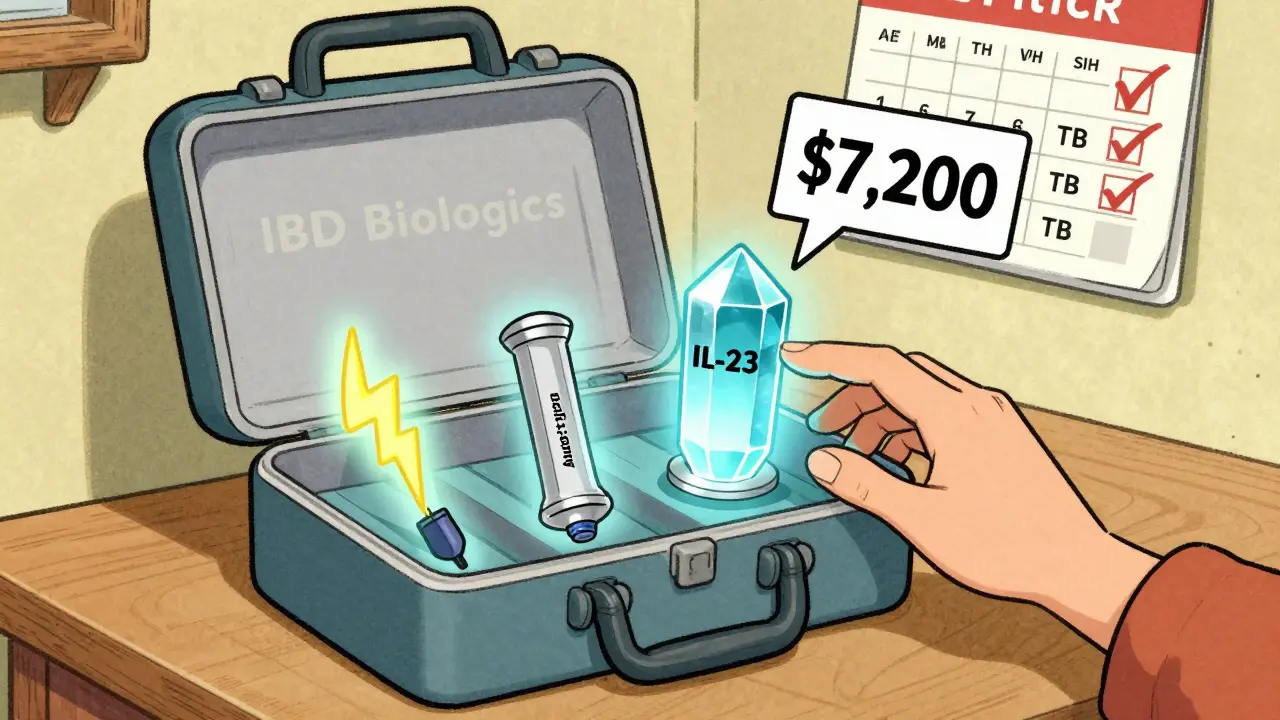 Vintage cartoon toolbox with three biologic tools labeled anti-TNF, anti-integrin, and IL-23 inhibitor, beside a high-cost tag and vaccine calendar.