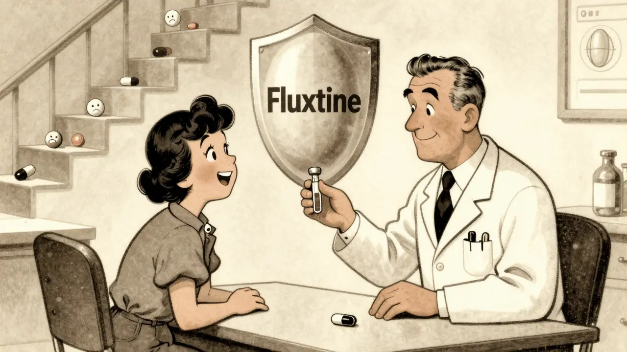 A doctor giving a patient a liquid dropper instead of pills, with a giant fluoxetine pill acting as a shield, vintage cartoon illustration.