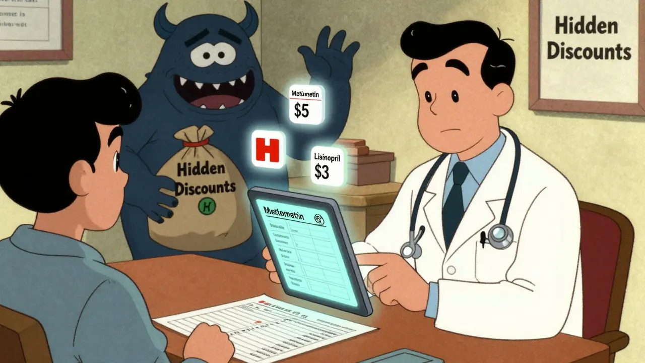 A doctor using a digital tool to show generic drug prices to a patient, while a shadowy PBM monster lurks behind.