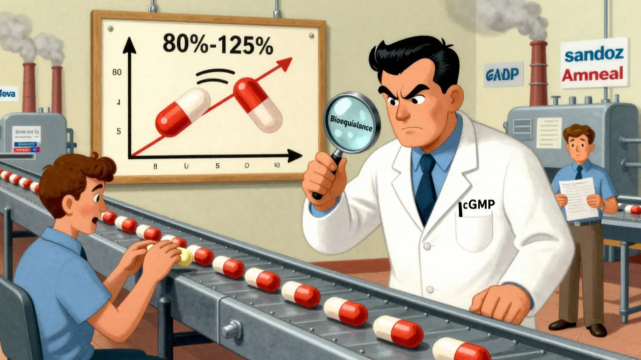 A factory line produces identical pills under the watch of an FDA inspector with a bioequivalence chart.