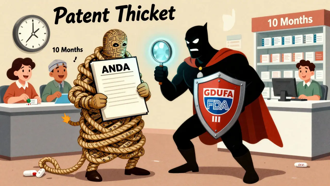 A generic drug maker battles a patent thicket villain as the FDA uses AI to speed up approval.