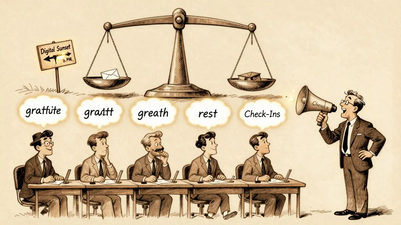 A manager using a megaphone to promote check-ins while employees glow with positive thoughts in a 1940s cartoon style.