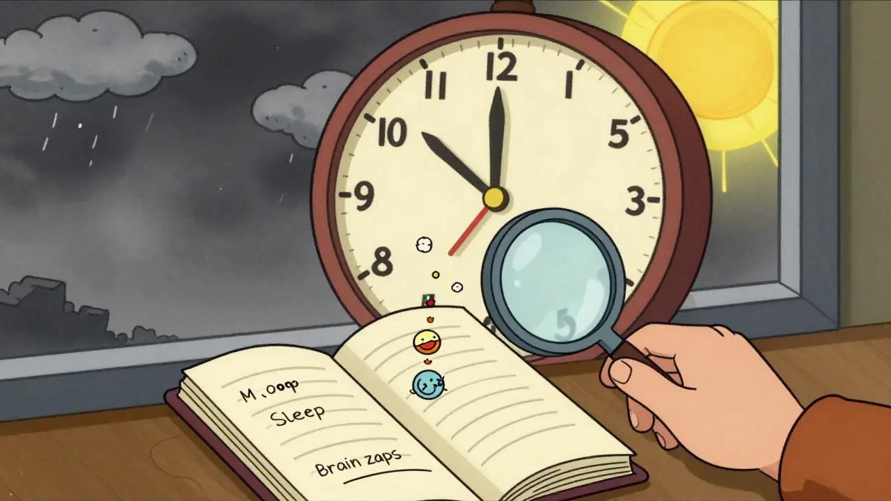 A person journaling daily symptoms as tiny icons, with a giant '6 MONTHS' clock in the background, vintage cartoon style.