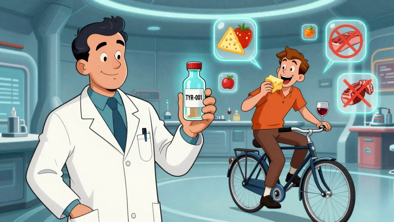 A scientist holds a breakthrough vial while a patient eats safely, surrounded by safe food icons in vintage cartoon style.
