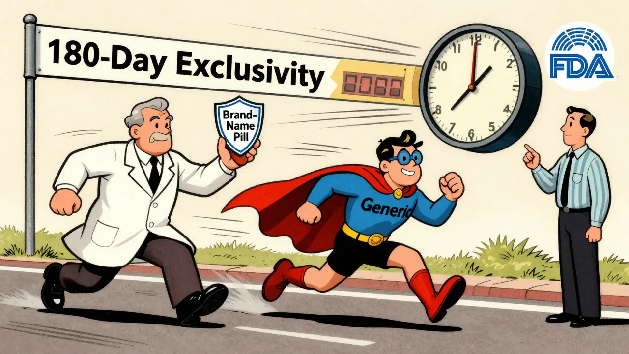 Cartoon race between brand-name and generic drug companies with patent clocks and FDA referee.