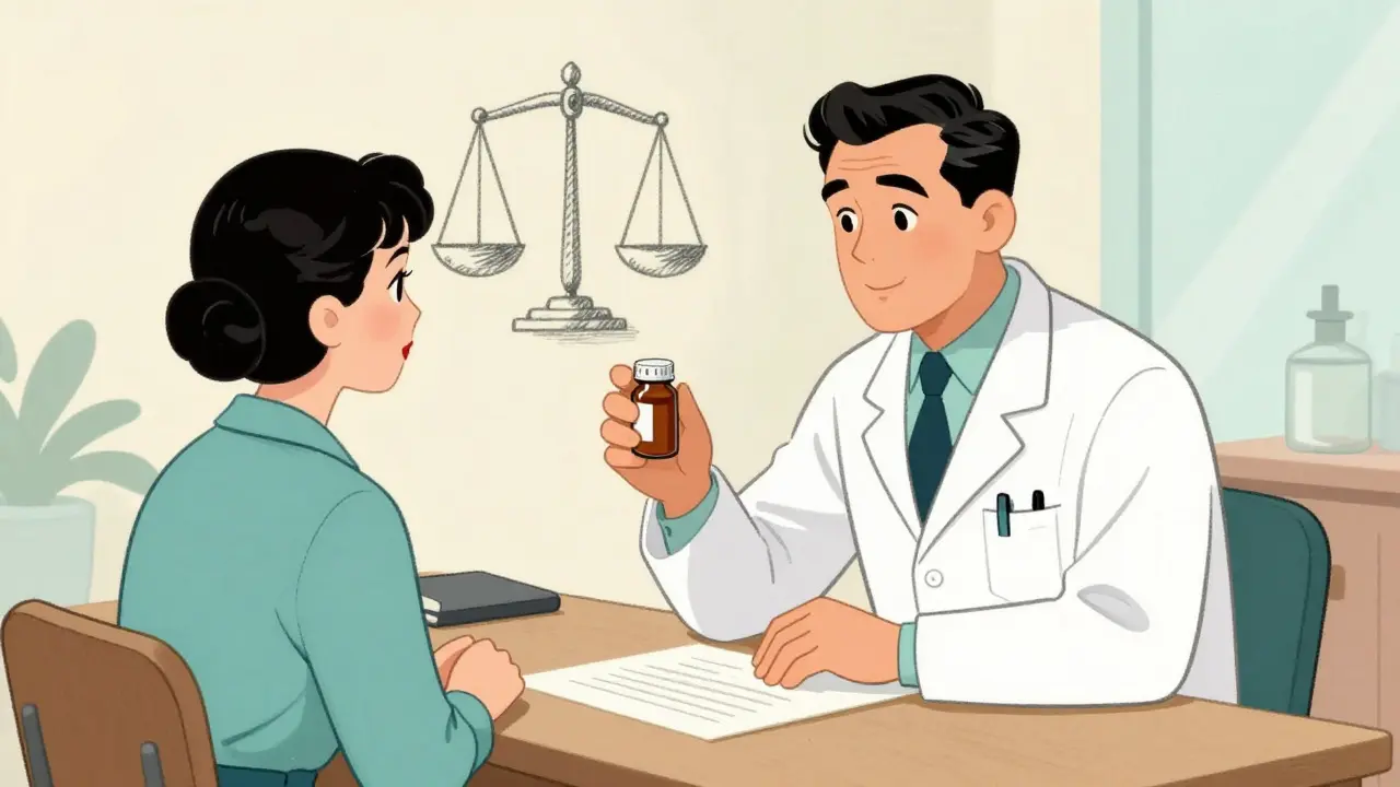 Doctor explaining medication risks to patient at desk.