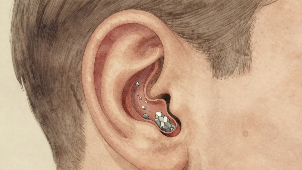 Inner ear illustration with floating crystals in canals
