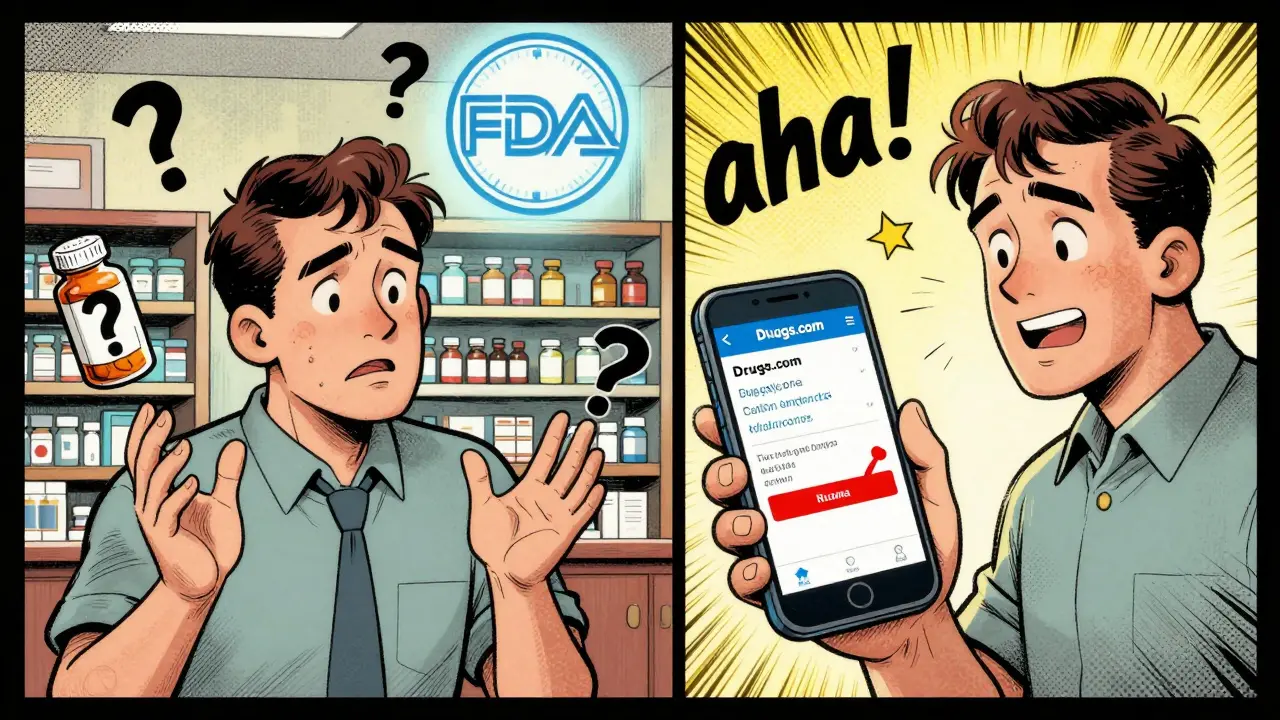 Man comparing confusing meds to a phone app flagging a dangerous drug interaction in retro comic style.