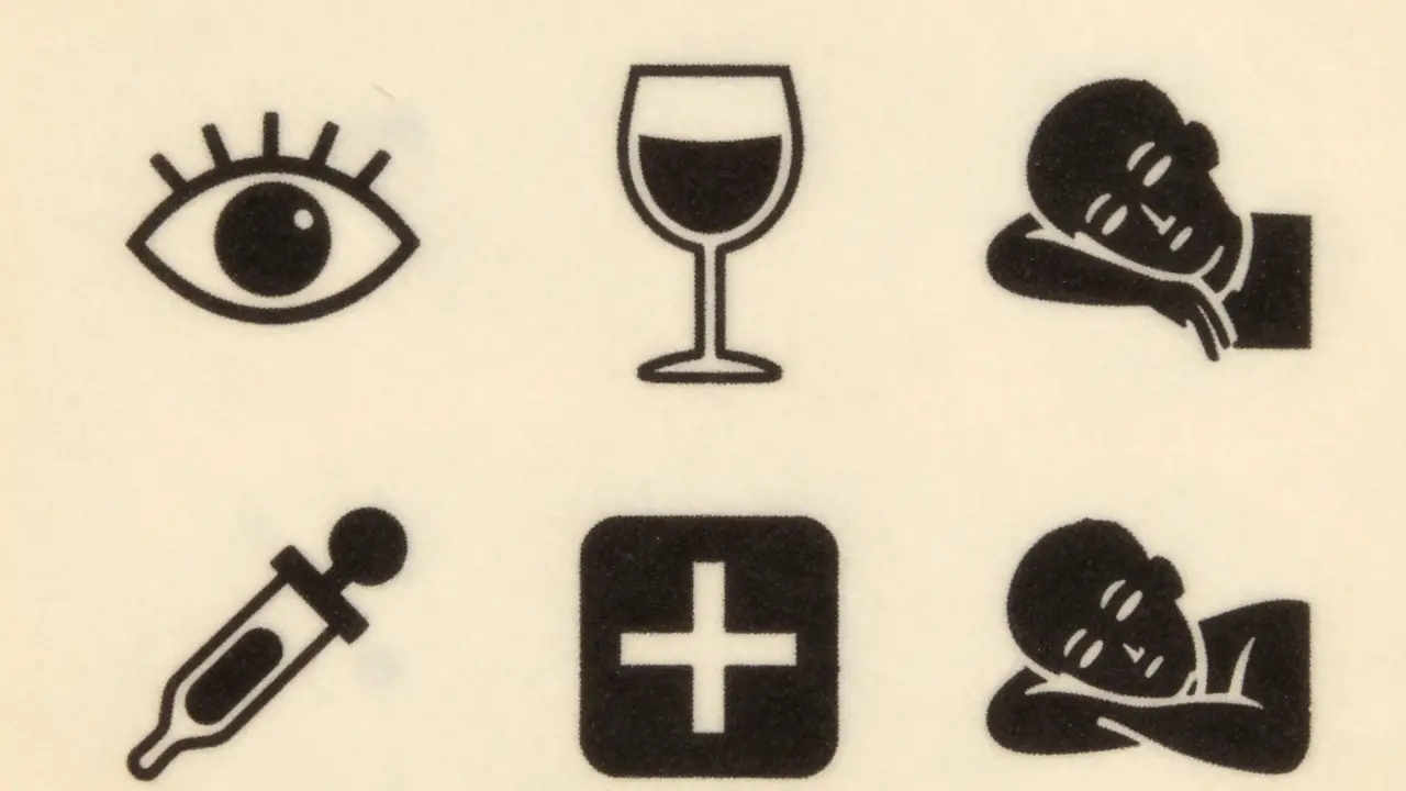 Medical warning icons including sleeping figure and alcohol glass.