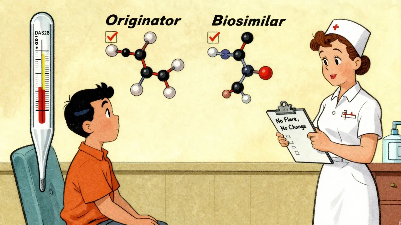 Patient in clinic sees stable disease test results before and after switching to biosimilar.